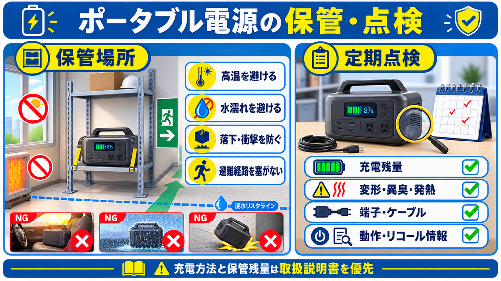 UPSは停電直後のデータ保存と安全な終了、ポータブル電源は停電後の照明・通信・長時間給電に使う違いを示した図解