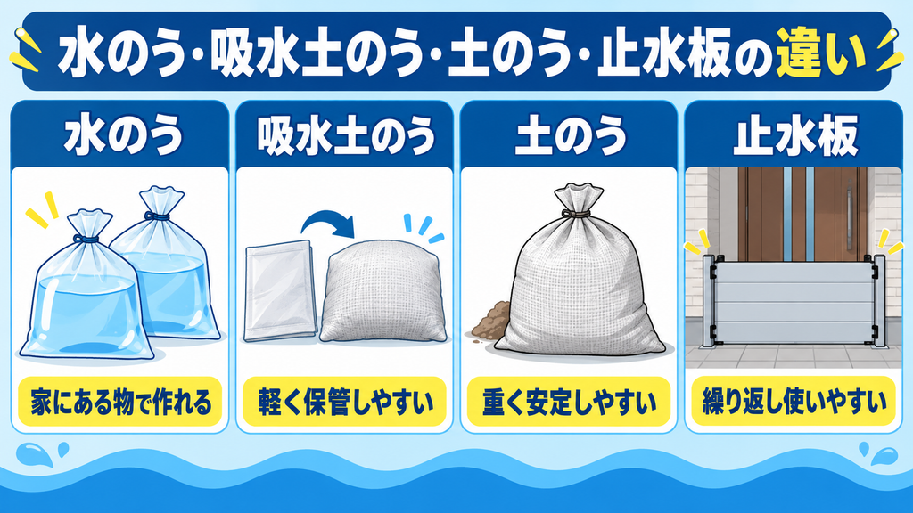 水のう、吸水土のう、一般的な土のう、止水板について、準備方法や重さ、保管のしやすさ、繰り返し使用の違いを比較した図解