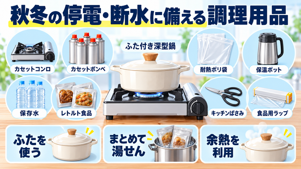 秋冬の停電と断水に備えるカセットコンロ、カセットボンベ、深型鍋、耐熱ポリ袋、保温ポット、保存水の調理用品セット