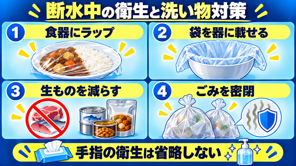 食器へのラップ、袋を器に載せる方法、生ものを減らす工夫、ごみの密閉による断水中の衛生対策