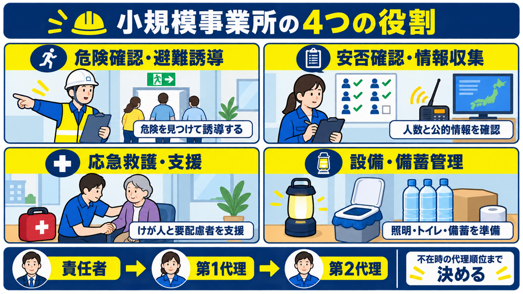 小規模事業所の地震対応を、危険確認・避難誘導、安否確認・情報収集、応急救護・支援、設備・備蓄管理の4役に分けた図解