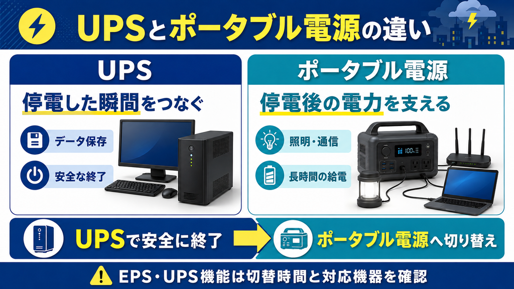 UPSは停電直後のデータ保存と安全な終了、ポータブル電源は停電後の照明・通信・長時間給電に使う違いを示した図解