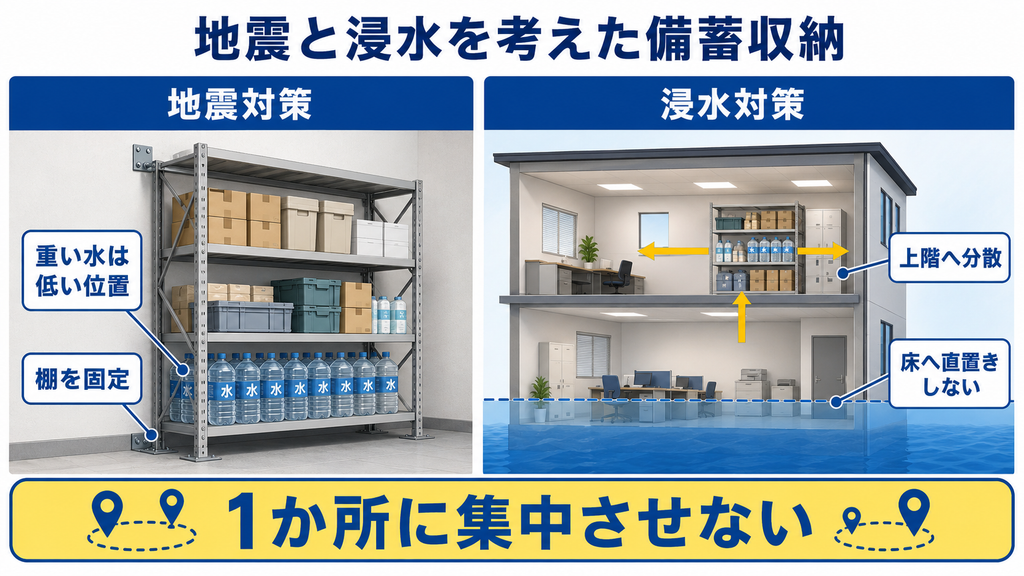 地震対策では重い水を低い位置に置いて棚を固定し、浸水対策では備蓄を上階へ分散して床へ直接置かない方法を比較した図解
