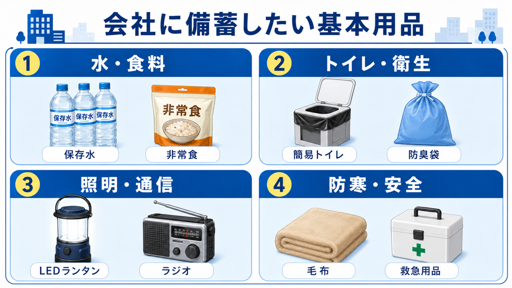 会社の防災備蓄を、水・食料、トイレ・衛生、照明・通信、防寒・安全の4種類に分けて示した図解