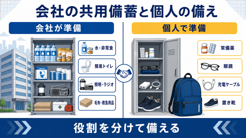 会社が準備する水、非常食、簡易トイレ、照明、毛布と、従業員個人が準備する常備薬、眼鏡、充電ケーブル、置き靴を比較した図解