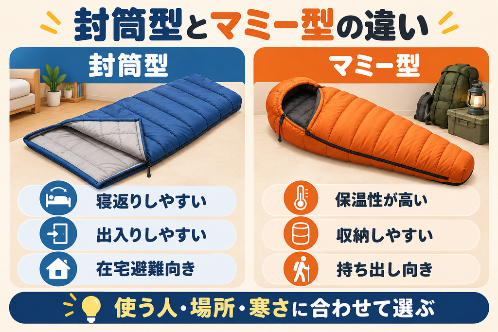 封筒型寝袋とマミー型寝袋の寝返り、出入り、保温性、収納性、使用場面の違いを比較した図解