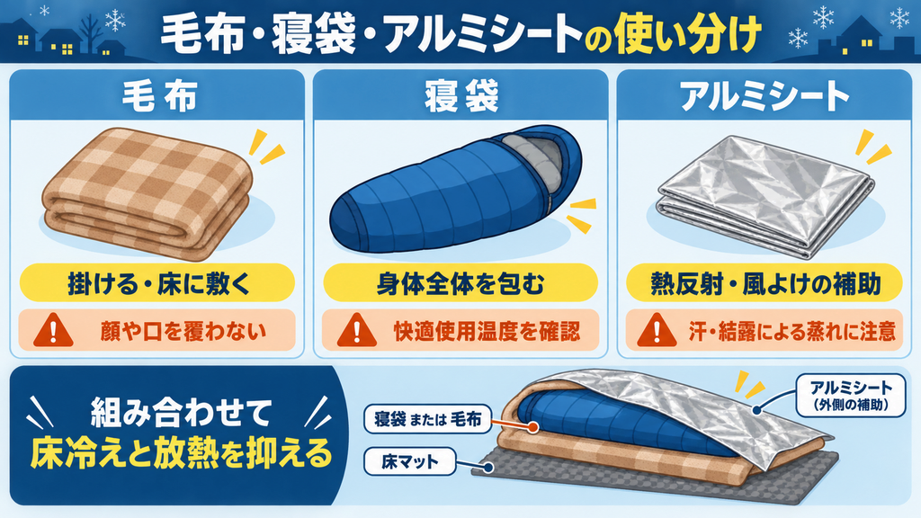 停電時に使う毛布、寝袋、アルミシートの役割と注意点、床冷えを防ぐ組み合わせ方を比較した図解