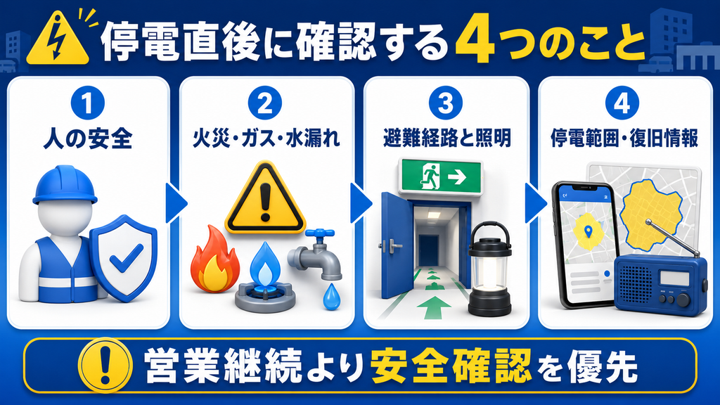 会社や店舗の停電直後に行う、人の安全、火災・ガス・水漏れ、避難経路と照明、停電範囲・復旧情報の確認手順