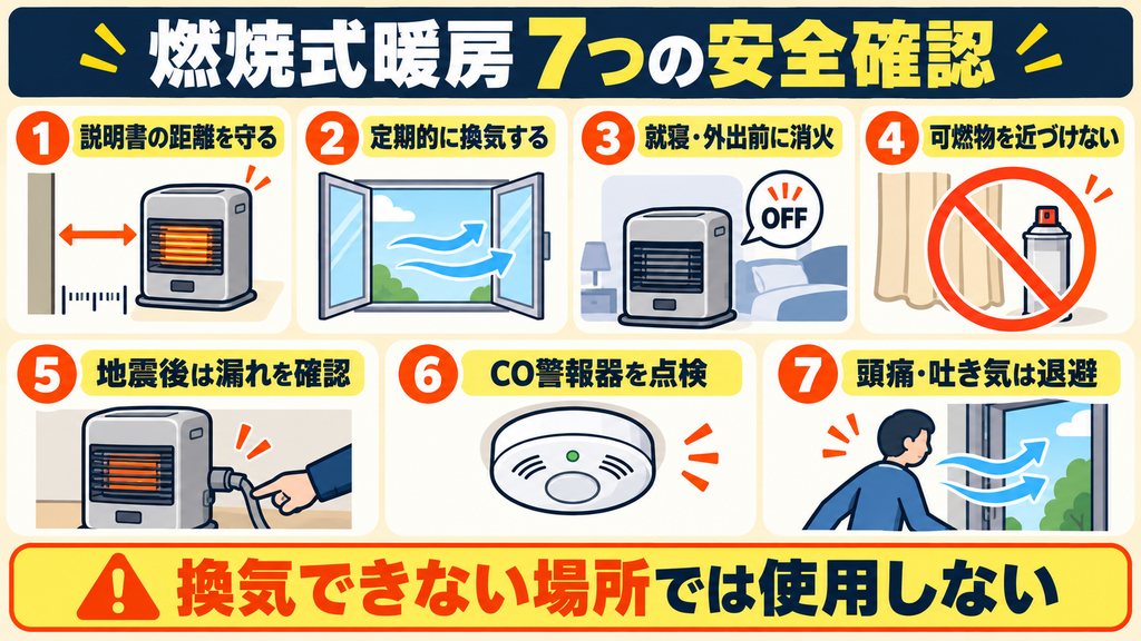 カセットガスストーブや石油ストーブを使用するときの換気、消火、可燃物、一酸化炭素対策をまとめた図解