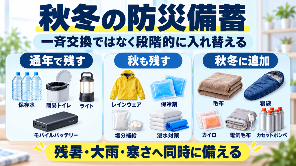 通年用の防災備蓄を基本に、残暑と大雨への備えを残しながら毛布や寝袋などの秋冬用品を段階的に追加する方法