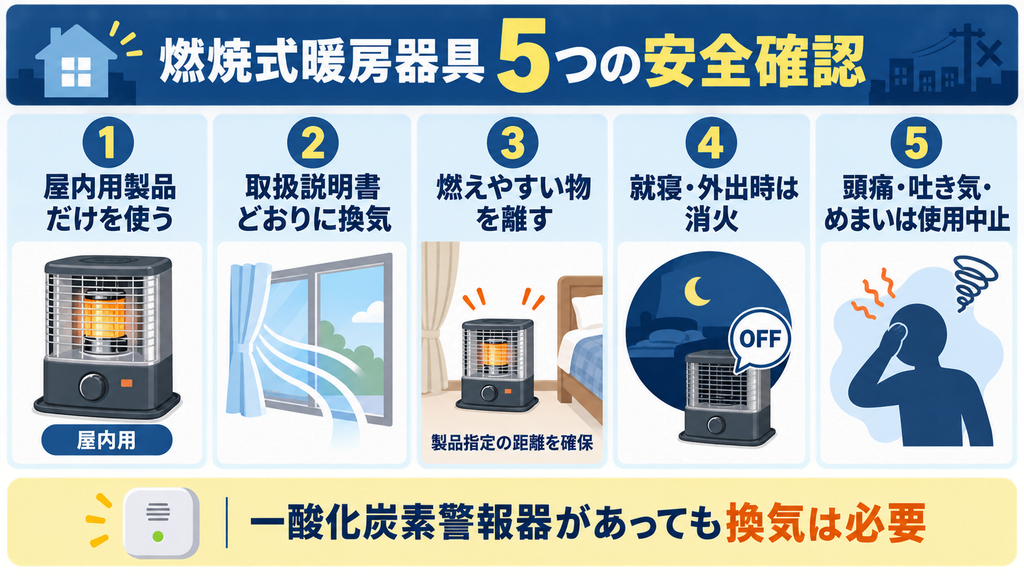 燃焼式暖房器具を停電時に使う際の屋内対応、換気、可燃物との距離、消火、一酸化炭素中毒の症状を示した図解