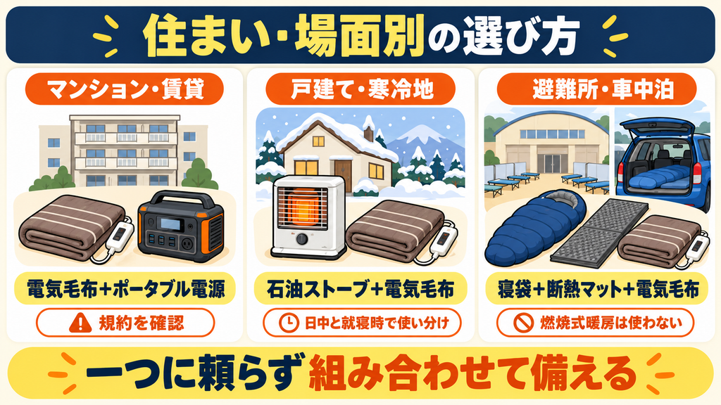 マンション、戸建て・寒冷地、避難所・車中泊に適した停電時の暖房と防寒用品の組み合わせ