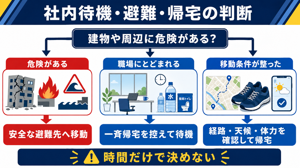 建物や周辺に危険がある場合は避難し、職場が安全なら待機し、移動条件が整った場合は経路・天候・体力を確認して帰宅する判断図