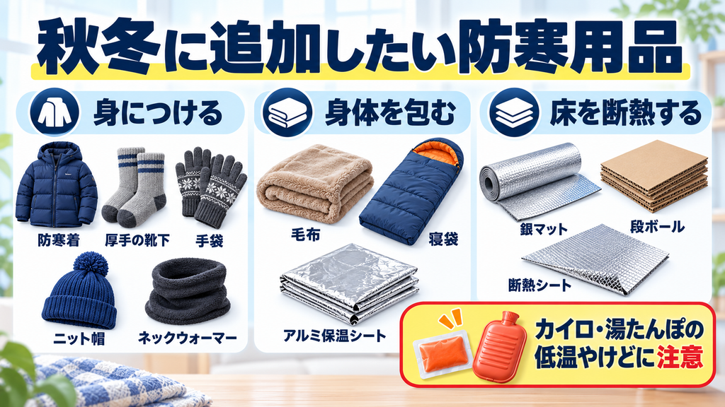 停電時の寒さに備えて追加したい防寒着、毛布、寝袋、カイロ、湯たんぽ、アルミ保温シート、断熱マットの一覧