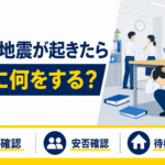 職場で地震が起きた際に机の下で頭を守り、安否確認や防災用品の準備、社内待機と帰宅を判断する様子