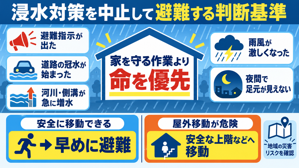 トイレ、浴室、洗面所、洗濯機の排水口の上へ小さな水のうを置き、大雨時の逆流を抑える方法を示した図解