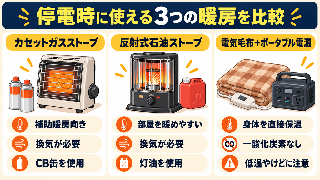 カセットガスストーブ、反射式石油ストーブ、電気毛布とポータブル電源の特徴を比較した図解