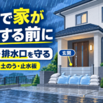 大雨による浸水に備え、玄関へ水のう・土のう・止水板を設置し、窓と排水口を守る方法を示したイラスト