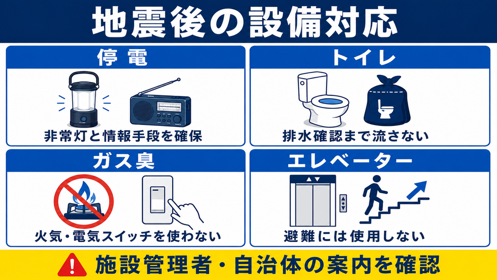 地震後の停電、排水設備が確認できないトイレ、ガス臭、エレベーターについて、職場で行う4つの対応