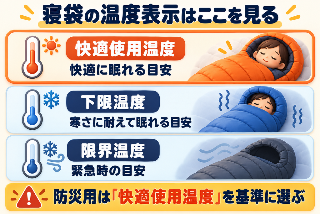 寝袋に表示される快適使用温度、下限温度、限界温度の意味と、防災用では快適使用温度を基準に選ぶことを示した図解