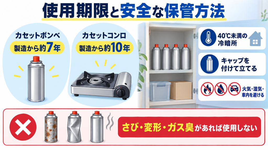 カセットボンベは製造から約7年、カセットコンロは約10年を目安とし、40度未満の冷暗所で立てて保管する方法