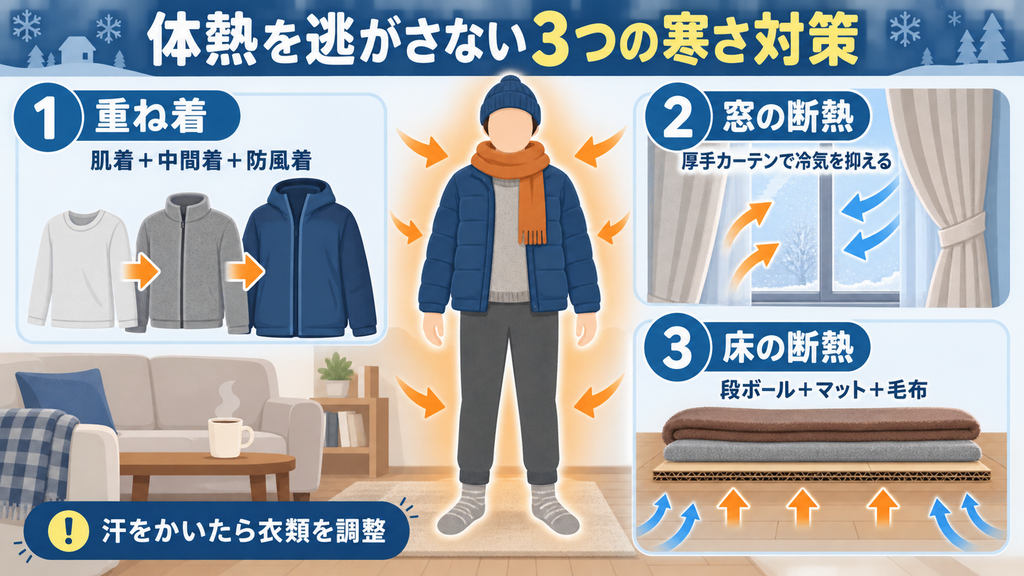 停電時の重ね着、厚手カーテンによる窓の断熱、段ボール・マット・毛布による床の断熱を示した図解