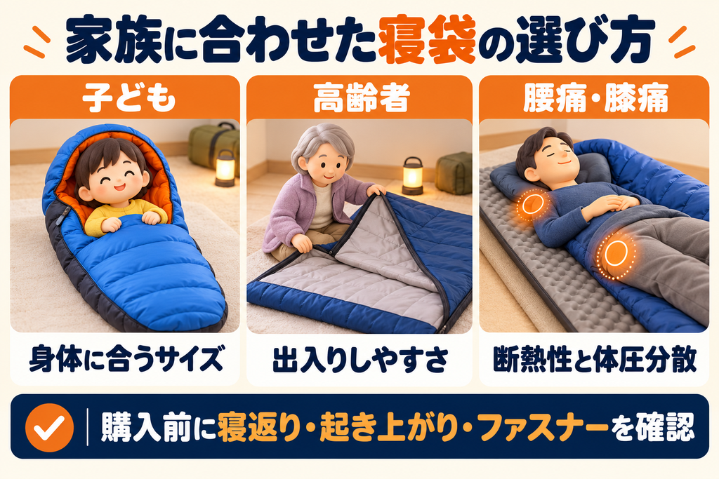 子どもは身体に合うサイズ、高齢者は出入りのしやすさ、腰痛や膝痛がある方は断熱性と体圧分散を重視する寝袋の選び方を示した図解