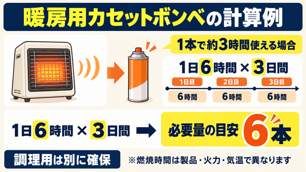 カセットガスストーブを1日6時間、3日間使用する場合に必要なカセットボンベ6本の計算例