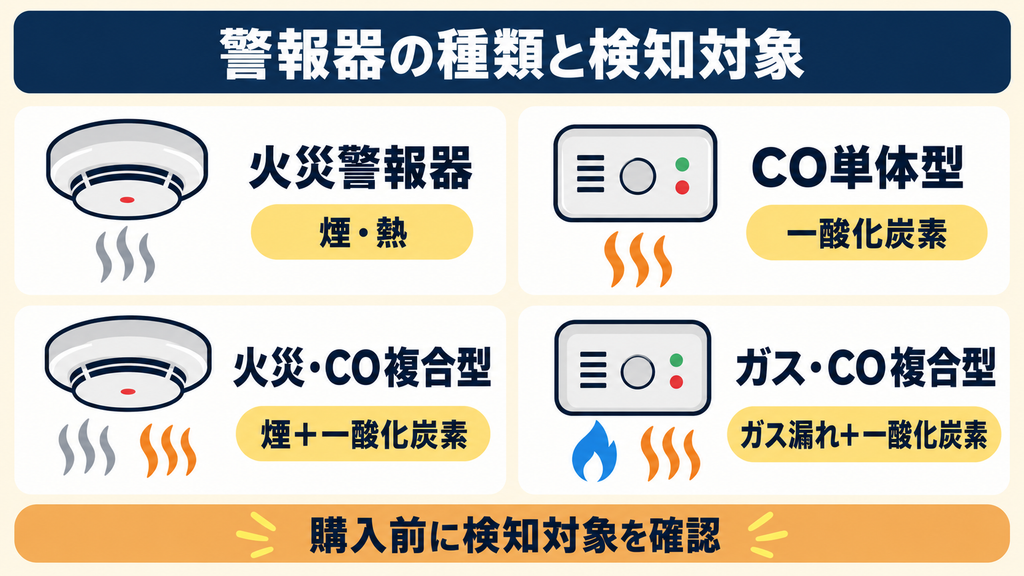 火災警報器・CO単体型・火災CO複合型・ガスCO複合型の検知対象を比較した図解