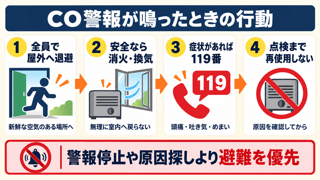 一酸化炭素警報が鳴ったときに屋外退避・消火と換気・119番通報・再使用禁止の順で行動する手順