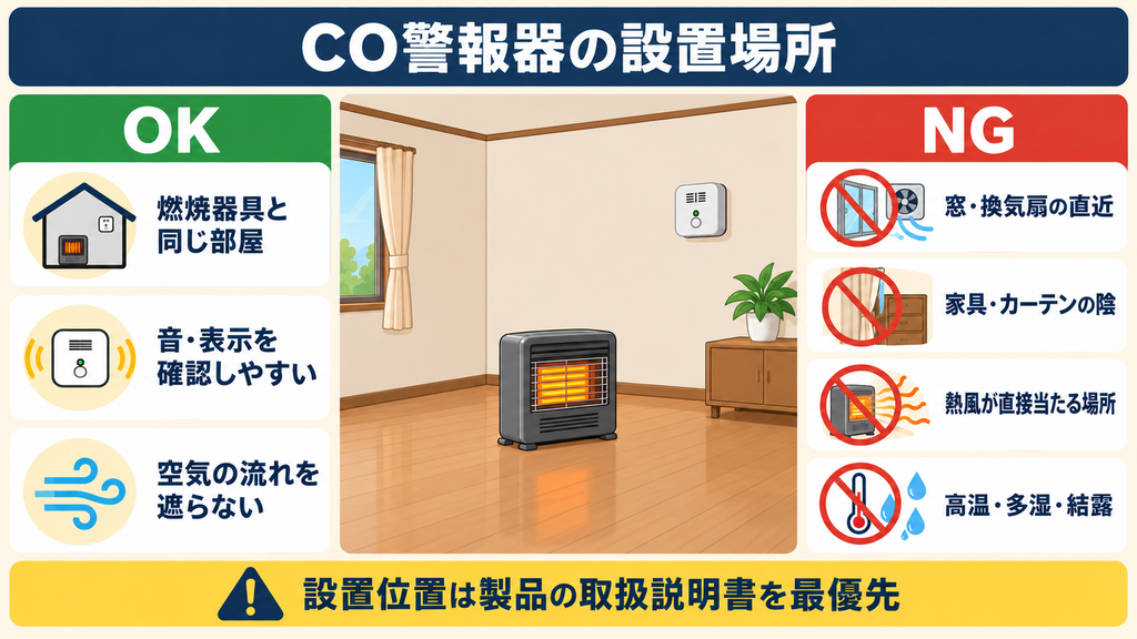 一酸化炭素警報器を燃焼器具と同じ部屋へ設置する際の基本条件と窓・家具・熱風・高湿度を避ける注意点