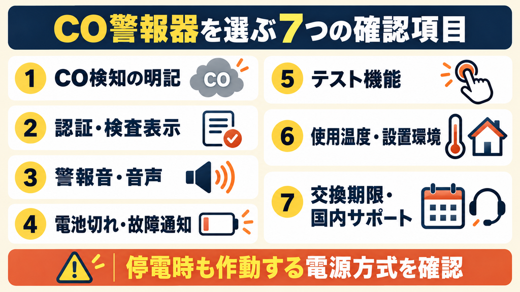 一酸化炭素警報器を選ぶ際に確認したいCO検知機能・認証表示・警報音・故障通知・テスト機能・使用環境・交換期限